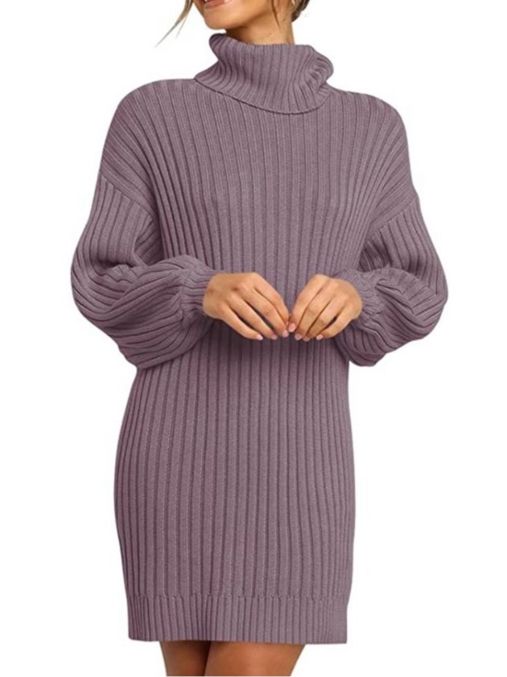 Anrabess Oversized Turtleneck Ribbed Knit Sweater Dress Batwing Mauve Size M